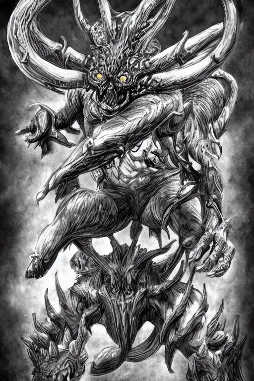 Image similar to humanoid figure monster with horns, highly detailed, digital art, sharp focus, trending on art station, kentaro miura manga art style