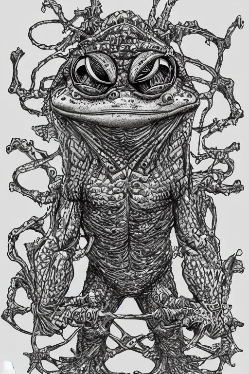 Image similar to humanoid frog warrior, toad themed, bog, symmetrical, highly detailed, digital art, sharp focus, trending on art station, kentaro miura manga art style