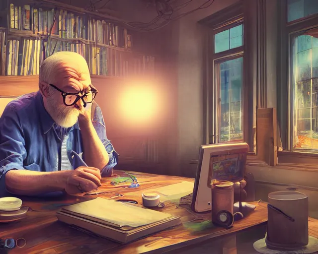 Prompt: old man hipster angry at computer, cinematic, 4k, hyper realistic, super detailed, colorful accents, golden ratio, highly detailed professional photo, centered, rim lights, vray caustics