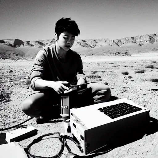 Prompt: jimin attempting to build a PC in the middle of the desert with no power supply. Frustrated confused black and white photo