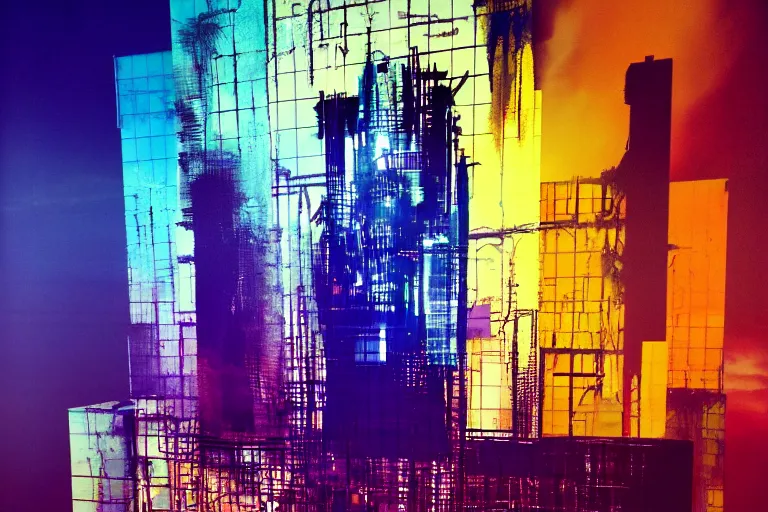 Image similar to cyberpunk tower, multilayer glitch effect in spatial perceptron synapses, matte painting, 4 k, epic composition, volumetric light, abstract illusionism, by robert rauschenberg, konstantinas ciurlionis, jean - michel basquiat, pour paint, modern street art, grunge wall, industrial