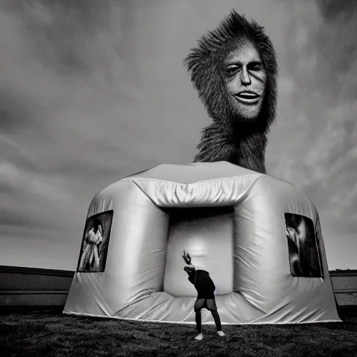 Image similar to cinematic photo of a 1 2 foot high big foot on a jumping castle with scared children, overcast, dark shadows, muted palette, directed by david lynch