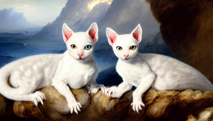 Prompt: highly detailed painting of white cute baby scaled oriental dragon cats on a blue and white iceberg by william turner, by greg rutkowski, by william constable, thick brush strokes and visible paint layers, 4 k resolution