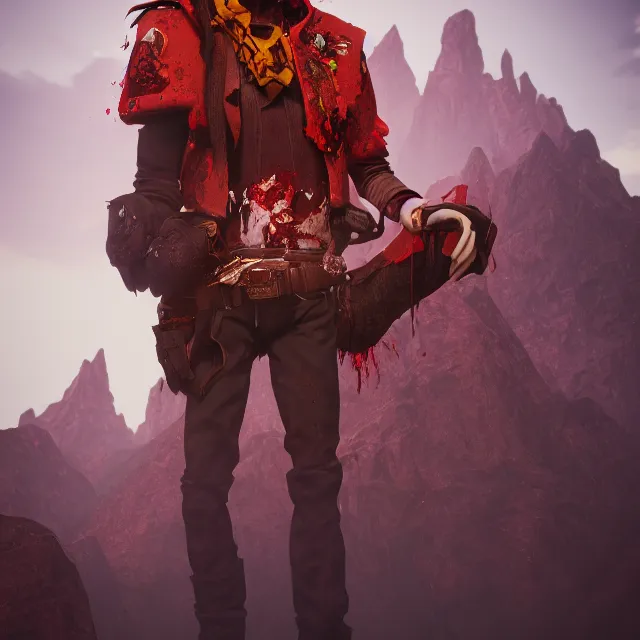 Image similar to a portrait of a bloody mysterious colorful cowboy in a mountain scenery, cartoon, unreal engine, octane render, artstation, digital art.