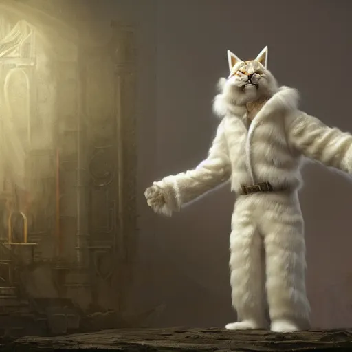 Image similar to white anthropomorphic lynx cat in victorian white man suit and white fur coat, full body by craig mullins and noriyoshi ohrai, unreal engine character, furry art, steampunk fantasy style, 4 k, trending on artstation