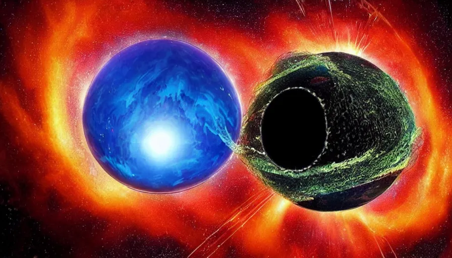 Prompt: a giant sphere of water orbiting a star falling into a black hole there is a city inside a forcefield inside the globe of water that is being spaghettified, amazing detail, vivid colors, highly detailed