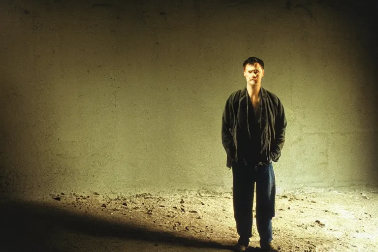 Prompt: a cinematic!! headshot photograph!! of a male, stood in a factory, dirt, film still, cinematic lighting, by bill henson