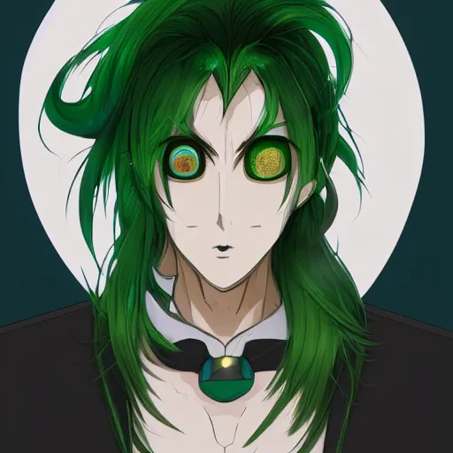 Image similar to portrait of a man with green hair, with eyes that look like a clock, anime style, trending on artstation