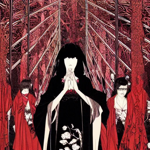 Image similar to beautiful vampire goth woman with red eyes surrounded by ghosts and shadows in a hallway of mirrors, Takato Yamamoto, award winning illustration, character concept