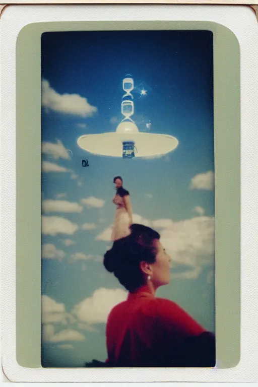 Image similar to vintage polaroid of a beautiful woman spotting a ufo in the sky, seen from behind, detailed clouds, warm azure tones, red color bleed, film grain