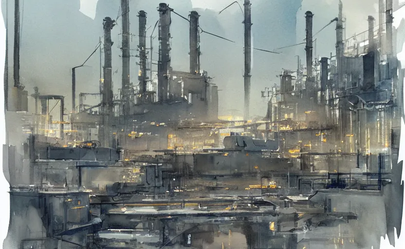 Prompt: concept art of a industrial complex landscape, pinterest, artstation trending, behance, watercolor, by coby whitmore, silver, laser light,