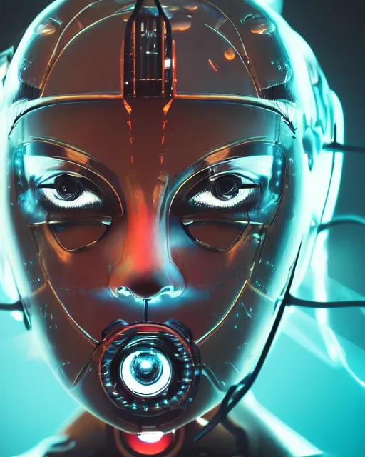 Prompt: photo of sweaty soulful female as a cyberpunk mecha humanoid robotic head and face parts with straight bright led lights, light emitting cables seen over cheekbones, sweaty skin dripping down face, ultra - realistic and detailed, long exposure 8 k