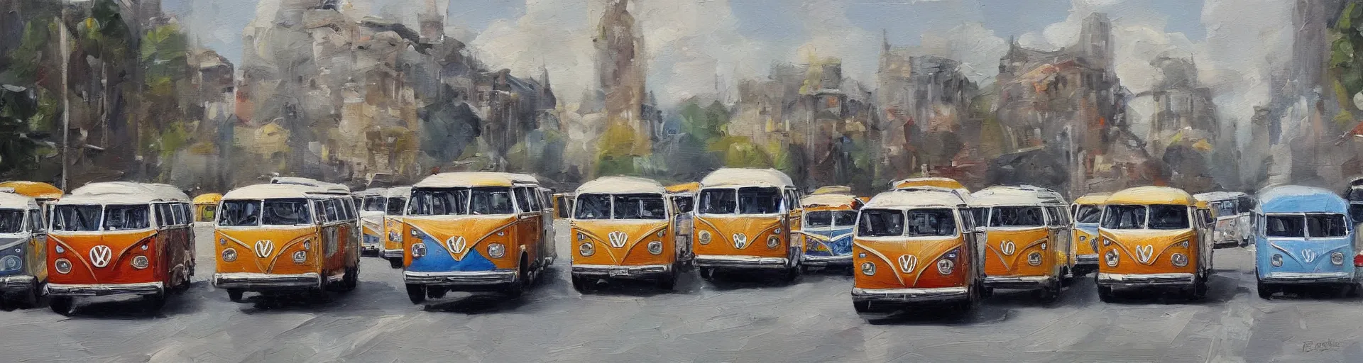 Image similar to a detailed oil painting of vw buses racing in the street