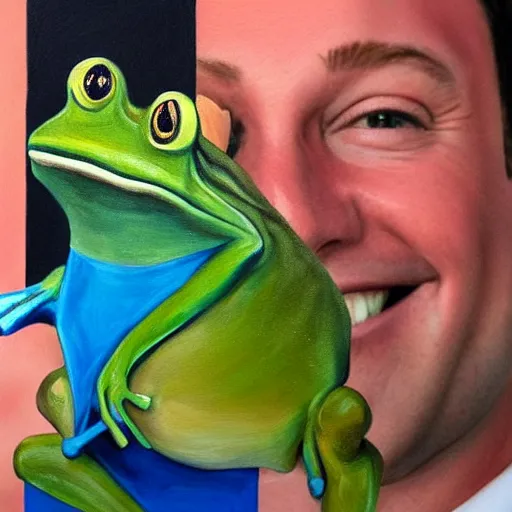 Image similar to Alex Jones presenting a newly finished painting of a frog while smiling. Photo realistic.