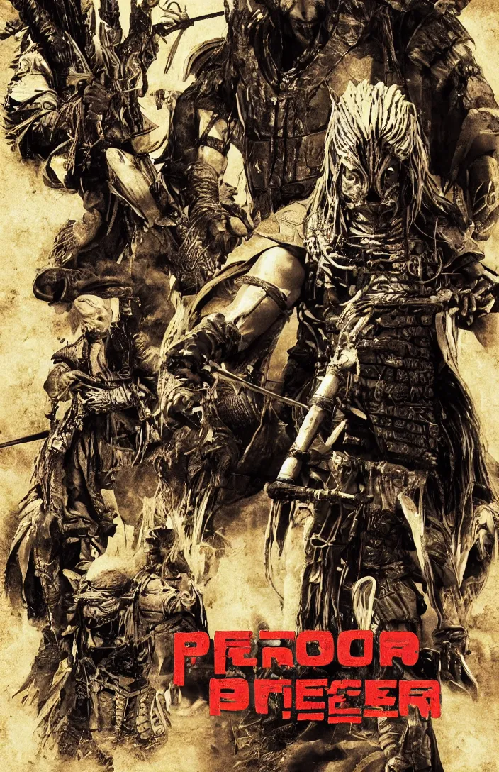 Prompt: movie film poster art for predator film shot in feudal japan staring hiroyuki sanada as a disgraced ronin who hunts down the predator after he fails to protect his master from it. in the style of ansel adams, reynold brown, h. r. geiger.