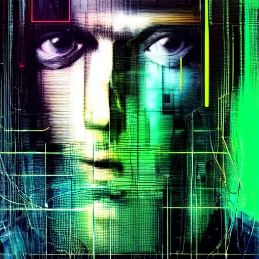 Image similar to hyperrealistic portrait of a cyberpunk man, teenager, long hair, immersed within a network, glitch eyes, by Guy Denning, Johannes Itten, Derek Gores, Russ Mills, glitch art, smooth lines, fine detail, polished, complex, hacking effects, holographic, digital tech effects, green, color blocking!, realistic, acrylic on canvas, concept art, abstract!, symmetrical, 8k, concept art, octane, photorealistic, cgsociety, trending on artstation