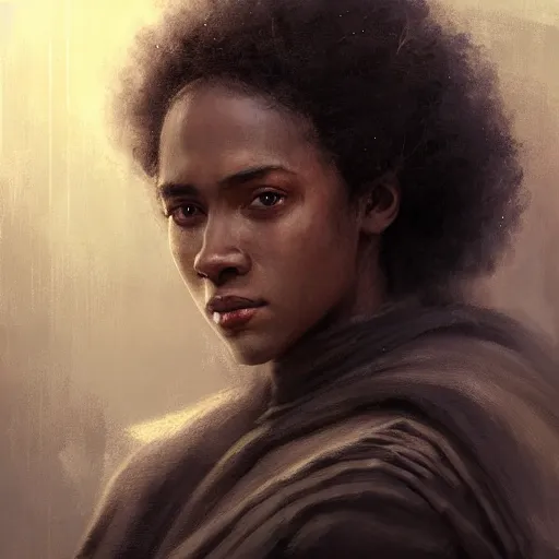 Image similar to portrait of a woman by greg rutkowski, youn jedi knight, black, afro hair, prettt, star wars expanded universe, she is about 2 0 years old, wearing jedi robes, highly detailed portrait, digital painting, artstation, concept art, smooth, sharp foccus ilustration, artstation hq