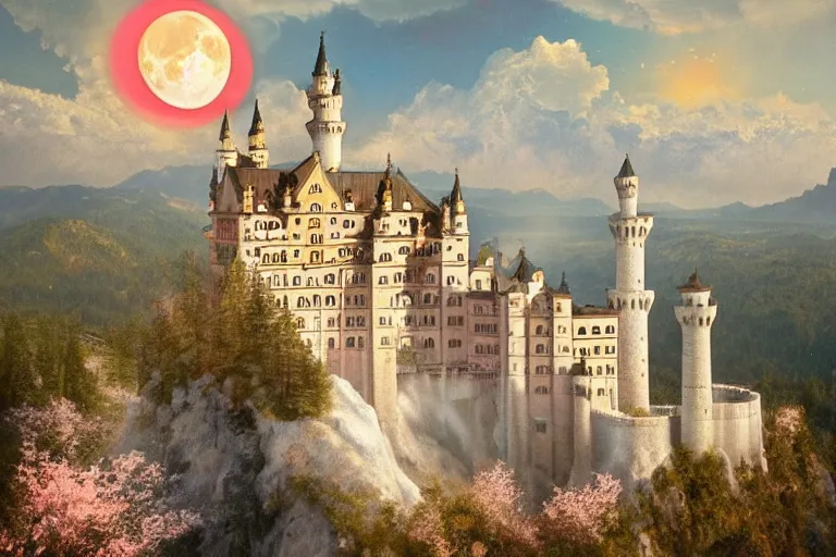 Prompt: neuschwanstein castle on pamukkale thermal waters flowing down gold travertine terraces during sakura season on a blood moon, by peter mohrbacher, james jean, wlop, greg rutkowski, rule of thirds, beautiful landscape