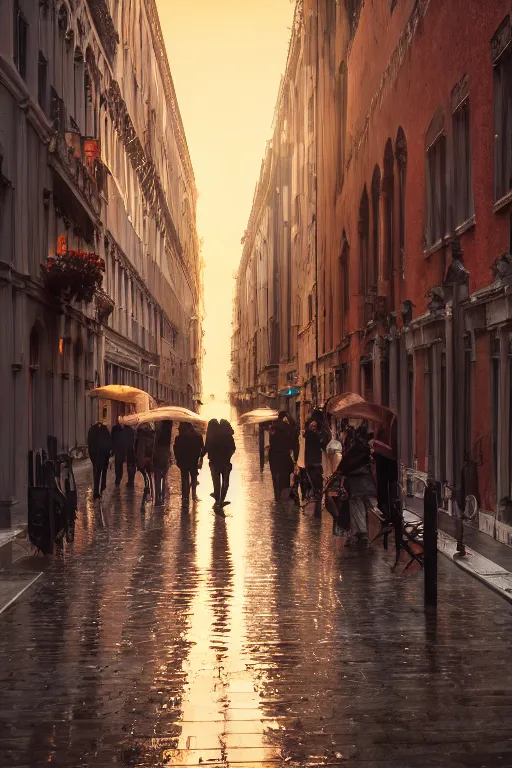 Image similar to crowd of people walking on rainy street at dusk golden hour , hyper-realistic environment, new york , venice