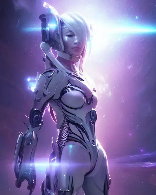 Image similar to perfect android girl on a mothership, warframe armor, beautiful face, scifi, futuristic, galaxy, nebula, raytracing, dreamy, long white hair, blue cyborg eyes, sharp focus, cinematic lighting, highly detailed, artstation, divine, by gauthier leblanc, kazuya takahashi, huifeng huang