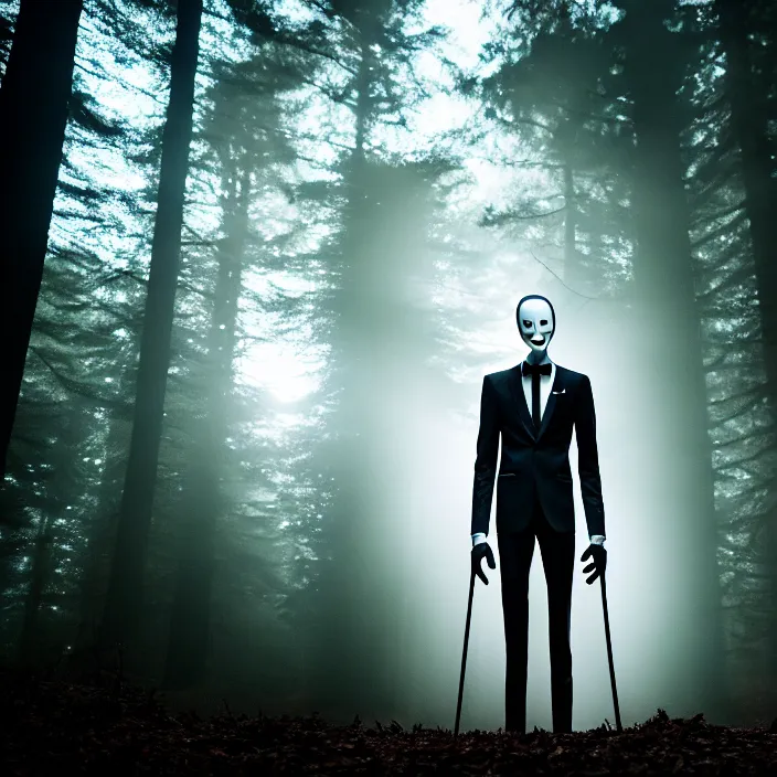 Image similar to cinematic still of slenderman in eerie dark forest, XF IQ4, f/1.4, ISO 200, 1/160s, 8K, RAW, dramatic lighting, symmetrical balance, in-frame