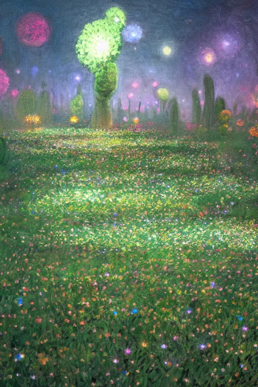 Image similar to a field of bioluminescent flowers surrounded by topiaries on a starlit night by Philipp A Urlich and Monet, trending on artstation, artstationHD, artstationHQ, 4k, 8k