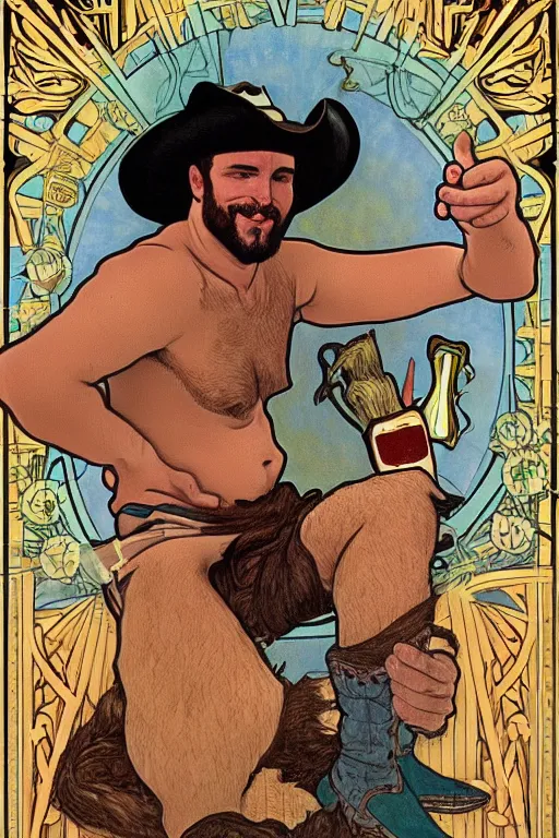 Prompt: a beautiful tarot! card of a hairy handsome shirtless cowboy wearing cowboy hat and chaps and boots with a chunky build and beer belly next to a campfire, homoerotic!, art deco!, art nouveau, by Mark Maggiori, by Alphonse Mucha, trending on artstation