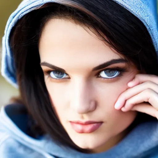 Image similar to raven haired seductive supermodel with stunning light eyes with a beautiful face, fair soft skin, wearing a hoodie, hands in pockets of tight jeans