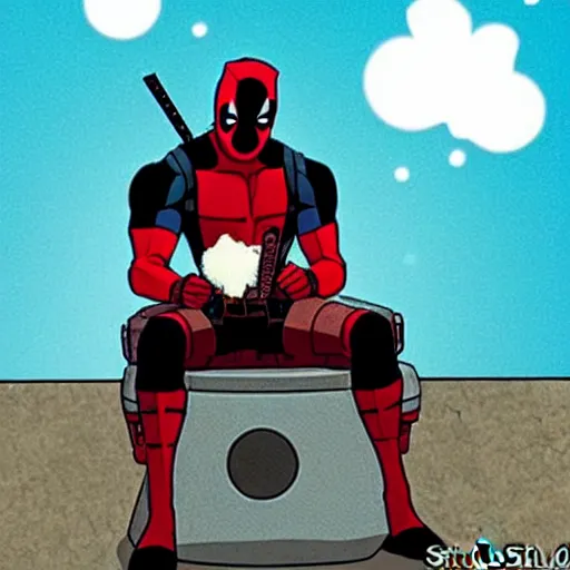 Image similar to Deadpool sitting on the toilet in galaxy, by studio ghibli