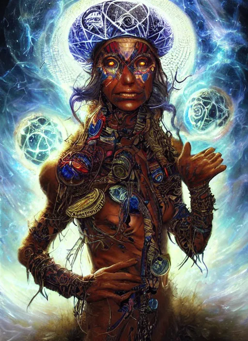 Prompt: qanon shaman getting kicked right in balls, cosmic horror painting, elegant intricate digital painting artstation concept art by mark brooks and brad kunkle detailed