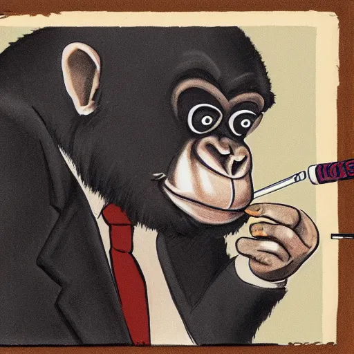 Image similar to a high detail photo of an antropomorphic chimp wearing a suit smoking a cigarrette, subject= chimp, subject detail: wearing a suit, subject action: smoking a cigarrette photorealism