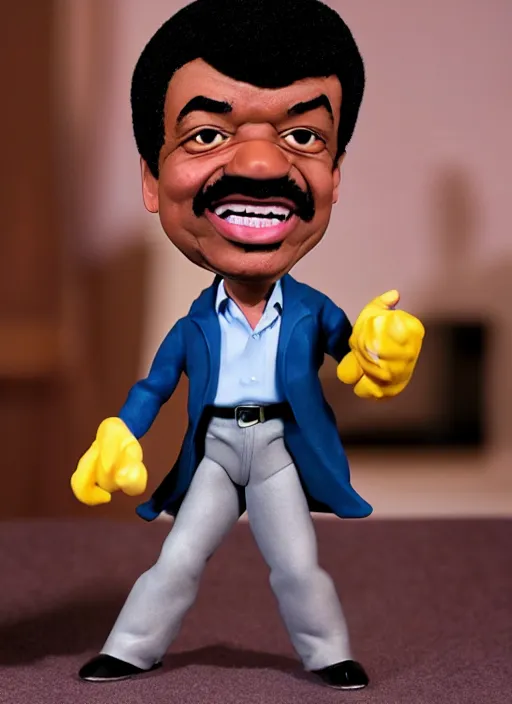 Prompt: a caricature of neil degrasse tyson as a cheeky pixar character claymation action figure, high quality, 8 k, soft lighting, diorama, realistic materials, by frank frazetta, simon bisley, jack kirby, marlene dumas