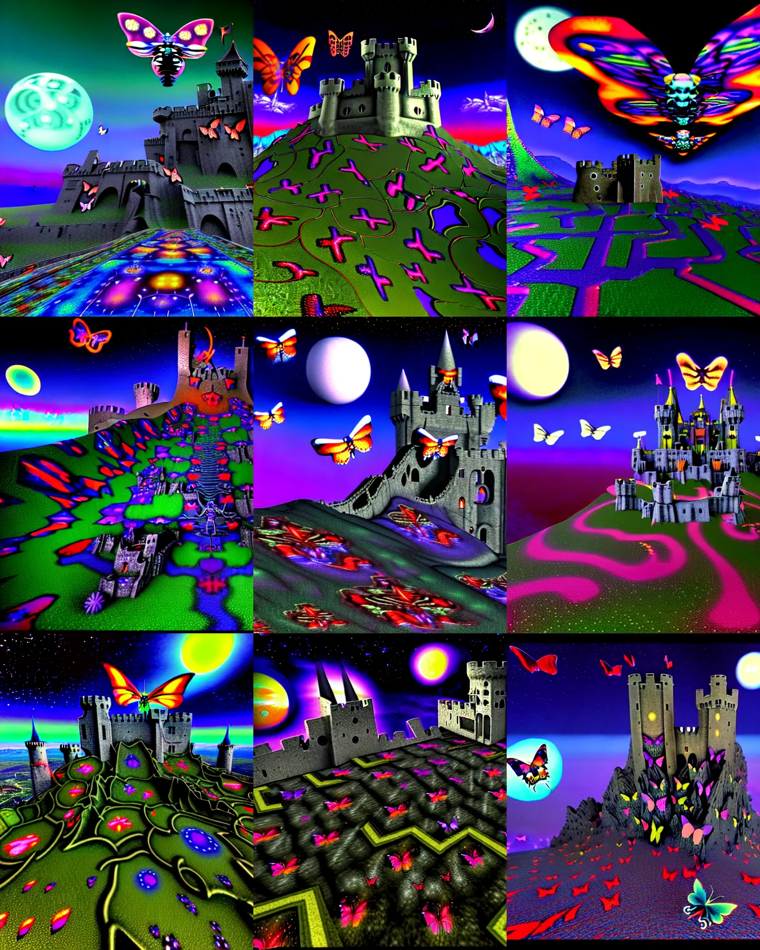 Prompt: 3 d render of cyborg demon jester flying in cybernetic mountain landscape with castle ruins against a psychedelic surreal background with 3 d butterflies and 3 d flowers n the style of 1 9 9 0's cg graphics against the cloudy night sky, lsd dream emulator psx, 3 d rendered y 2 k aesthetic by ichiro tanida, 3 do magazine, wide shot