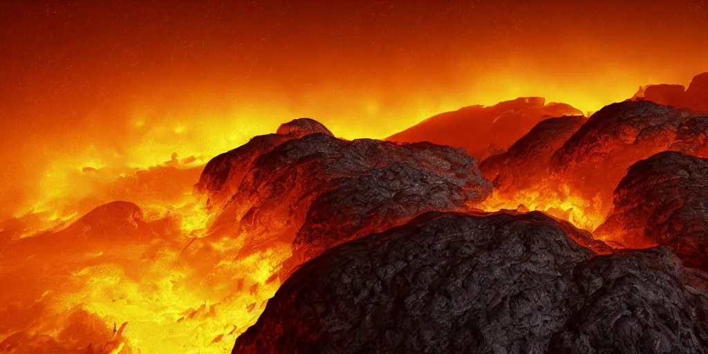 Image similar to a mountainous planet full of active vulcanoes covered by a dense yellow fog and yellow giant clouds, venus surface, path traced, highly detailed, high quality, 8 k, dramatic lighting, cinematic, high coherence, low contrast, hyperrealistic, concept art, digital art, dark yellow dense atmosphere, lava in the ground, no life, desertic