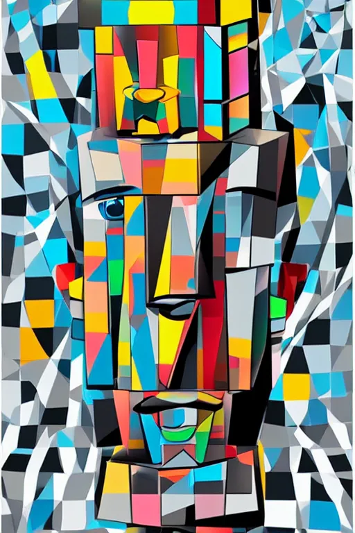 Image similar to cubist moai statue cutout digital illustration cartoon colorful beeple