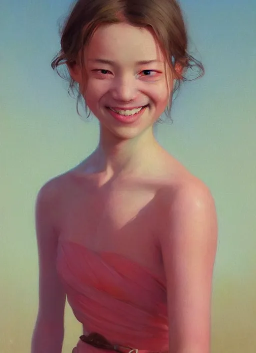 Image similar to epic portrait of a girl deemed beautiful by western standard unnaturally wide smile, horror smile, soft edges, dewy skin, painting, warm lighting, greg rutkowski, by kawase hasui, moebius and edward hopper, vivid bright light, colorful flat surreal design, hd, 4 k, artstation