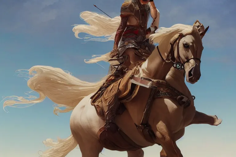 Prompt: character concept of a white arabian girl, voluptuous, riding a horse and marching through the desert, highly detailed, digital painting, artstation, concept art, symmetry, smooth, sharp focus, illustration, art by artgerm and greg rutkowski and alphonse mucha