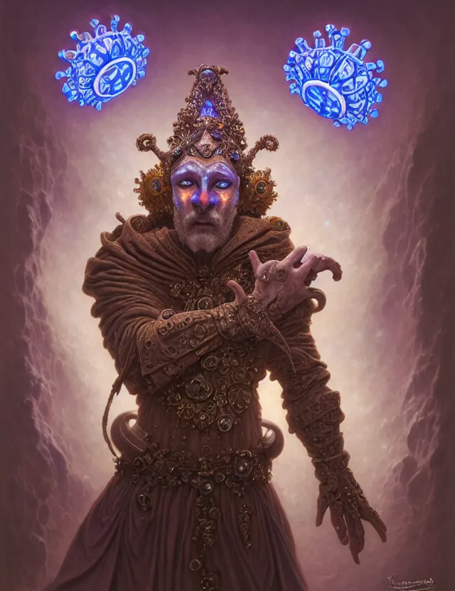 Image similar to front shot of a court jester character, hyperdimensional, bioluminescent hypercubes, ((intricate)), elegant, highly detailed, centered, (((artstation, concept art, smooth, sharp focus, artgerm, Tomasz Alen Kopera, Peter Mohrbacher, donato giancola, Joseph Christian Leyendecker, WLOP, Boris Vallejo))), mugshot!!!!!, ugly!!!!!!, octane render, nvidia raytracing demo, grainy, muted, 8K, digitalblasphemy