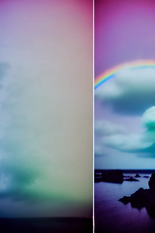 Image similar to high quality pastel coloured film close up wide angle photograph of a model wearing clothing swimming on cloud furniture in a icelandic black rock!! environment in a partially haze filled dreamstate world. three point light, rainbow. photographic production. art directed. pastel colours. volumetric clouds. pastel gradient overlay. waves glitch artefacts. extreme facial clarity. 8 k. filmic.