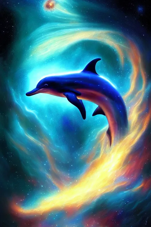 Prompt: Ethereal blue fire dolphin dolphin flying through a nebula, Sirius star system, star dust, cosmic, magical, shiny, glow,cosmos, galaxies, stars, outer space, stunning, by andreas rocha and john howe, and Martin Johnson Heade, featured on artstation, featured on behance, golden ratio, ultrawide angle, hyper detailed, photorealistic, epic composition, wide angle, f32, well composed, UE5, 8k