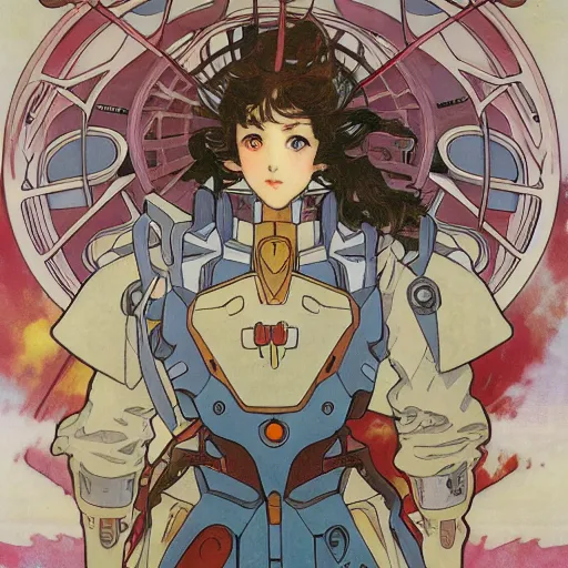 Image similar to anime manga mecha gundam robot portrait by Alphonse Mucha art nuevou