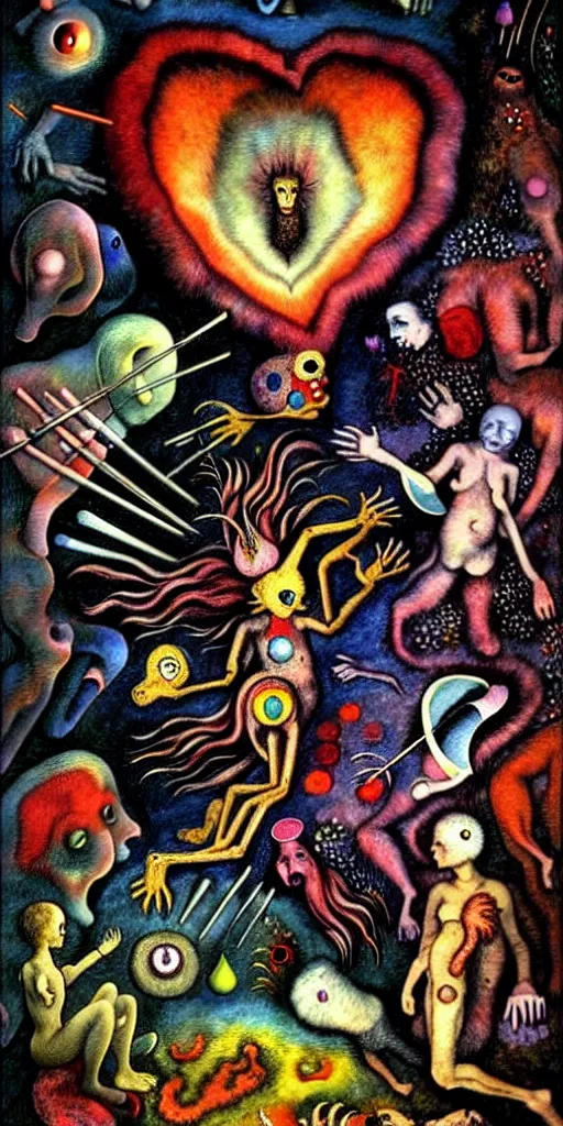 Image similar to mythical creatures and monsters in the visceral anatomical human heart imaginal realm of the collective unconscious, in a dark surreal mixed media oil painting by bosch and kandinsky, dramatic lighting from inner fire