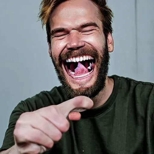 Image similar to PewDiePie laughing without any teeth, wild hair