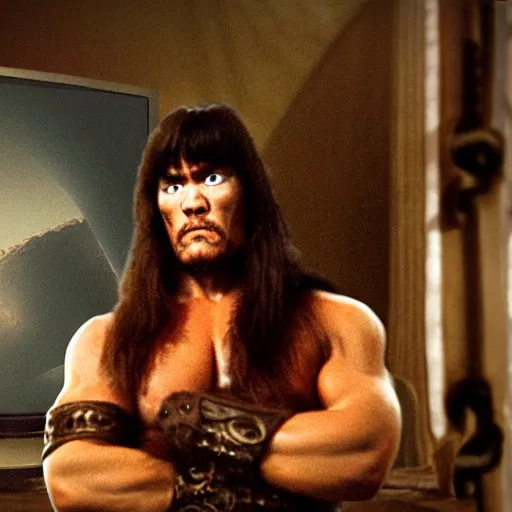 Image similar to photo of conan the barbarian watching television in his tiny apartment, hd ( postprocessed )