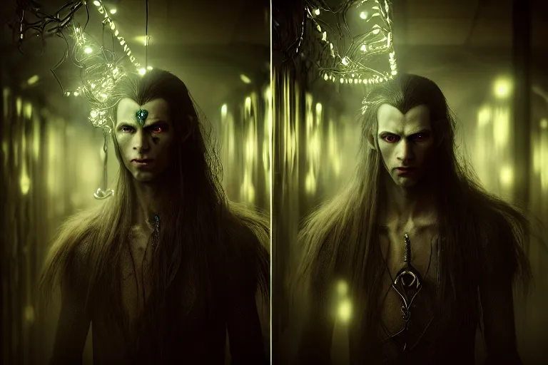 Image similar to an ultra realistic, cinematic, fantasy, portrait, of an evil elf, elden ring, fairy lights, facial features, stood in a supermarket, business clothing, lights, detailed, deep focus, movie still, dramatic lighting, ray tracing, by michal karcz and yoshitaka amano