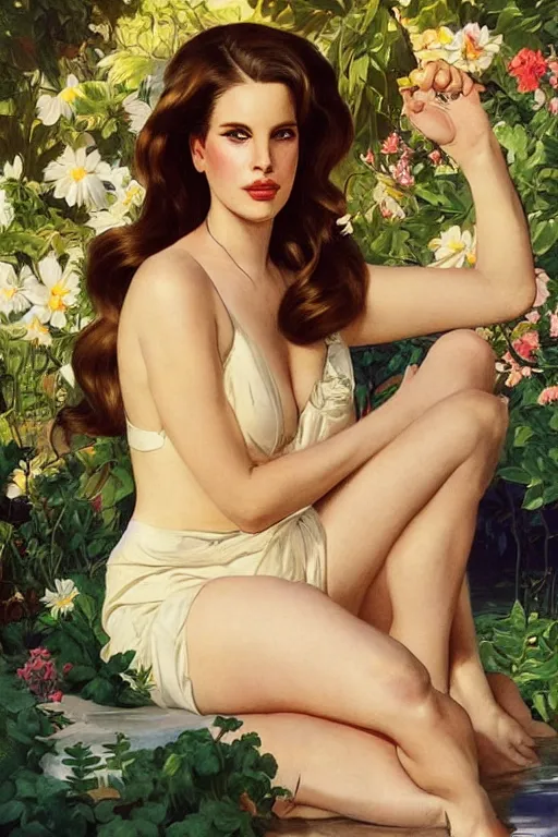 Image similar to Lana Del Rey next to a pool, golden hour, in a garden, artstation, by J. C. Leyendecker and Peter Paul Rubens,