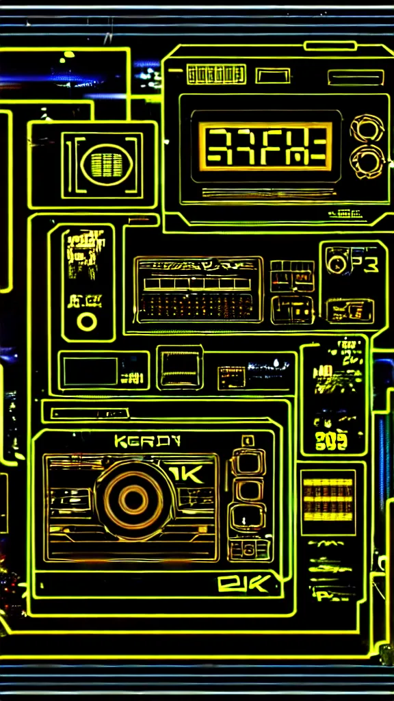 Prompt: photograph of Y2K military electronics, centered golden rule central cyberpunk techno gothic ravepunk acid graphics brutal graphic design display element line art neon highlights 300dpi