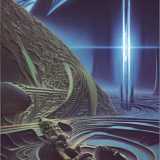 Image similar to The world is labyrinthine beyond possibility of imagining, inhabited on many levels by alien intelligence, infinite in extent, staggering in its beauty, terrifying in its weirdness, endlessly satisfying and peculiar, by Ralph McQuarrie and Bruce Pennington, cinematic lighting, hyper realism, high detail, iridescent accents