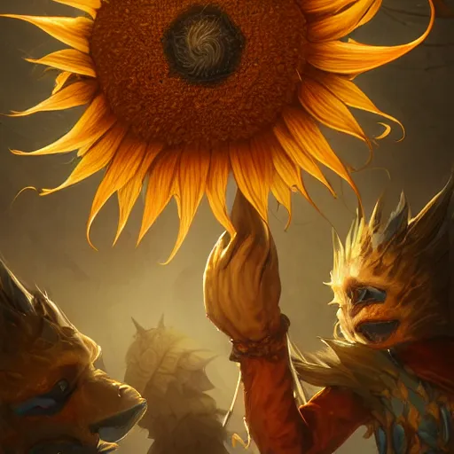 Image similar to Anthropomorphized sunflower, D&D, fantasy, cinematic lighting, highly detailed, digital painting, artstation, concept art, smooth, sharp focus, illustration, warm light, cozy warm tint, magic the gathering artwork, volumetric lighting, 8k, no gold, no gold colours, art by Akihiko Yoshida, Greg Rutkowski