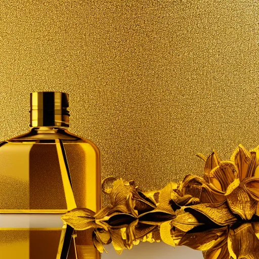 Prompt: perfume bottle lying in a golden puddle of rich honey, honeycomb, and gold lillies, path traced, environment, up close shot, zen white minimalist background